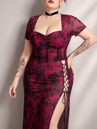 Goth Gotische Architektur & Blumen-Vogel-Muster Hoher Schlitz Bindedesign Kleid in Große Größen für Frauen