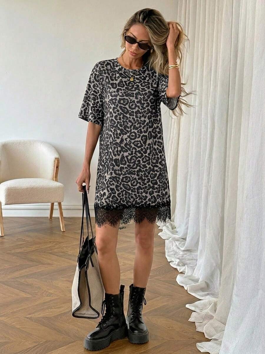 Easowa Women's Leopard Print Contrast Lace Hem Short Sleeve Loose Short Dress - Grey - View 1
