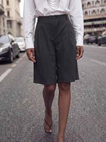 Maija Women's Waist Button Design Striped Pocket Casual Knee-Length Pants - Grey - View 1
