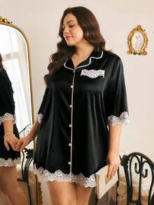 Côtesoire Southern French Elegant Mature Casual Contrast Color Lace Satin Open Front Plus Size Nightgown - Black - View 4