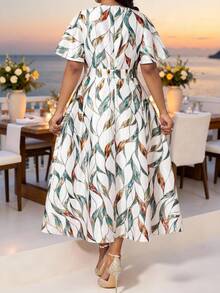 Fleurora Elegant White Summer Wedding Guest Dresses For Women,Bachelorette Party Holiday Allover Print Plus Size V Neck Flared Flounce Sleeve Satin Midi Dress - Multicolor - View 2