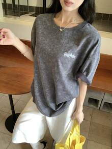DAZY 圓領寬鬆字母印花女款T恤 - 深灰色 - 查看 7