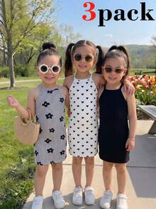 Elladie kids 少女針織細肩帶洋裝，白色花卉黑白印花，純色，3件組，休閒可愛日常柔軟時尚優雅夏季度假洋裝 - 黑色 - 查看 11
