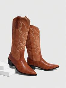 Daringsoles Women's Pointed Toe Contrast Color Embroidered Western Boots, Slip-On Sexy Casual Riding Boots Fall Shoes - Brown - View 2