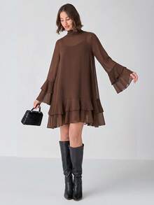 Enchnt Women's Solid Color Stand Collar Flare Sleeve Layered Ruffle Hem Fashion Dress - Coffee Brown - View 5