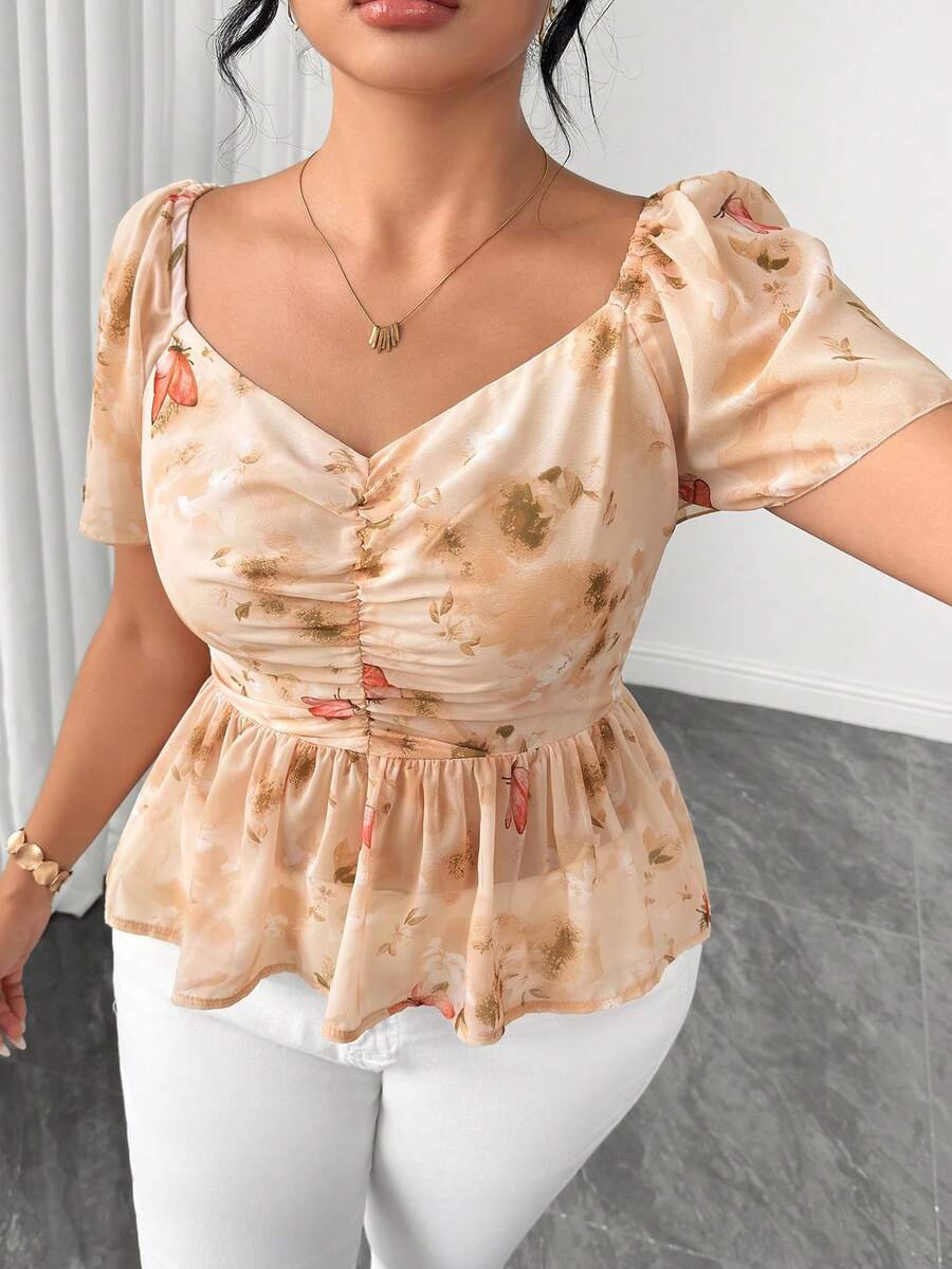 Elenzga Women's Plus Size Sweetheart Collar Ruffle Sleeve Ruched Waist Ruffle Hem Chiffon Print Elegant Blouse - Light Yellow - View 1