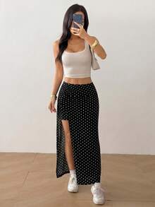 SHEIN EZwear Women's Beach Vacation Polka Dot Print High Slit Skirt, Spring/Summer - Black - View 3
