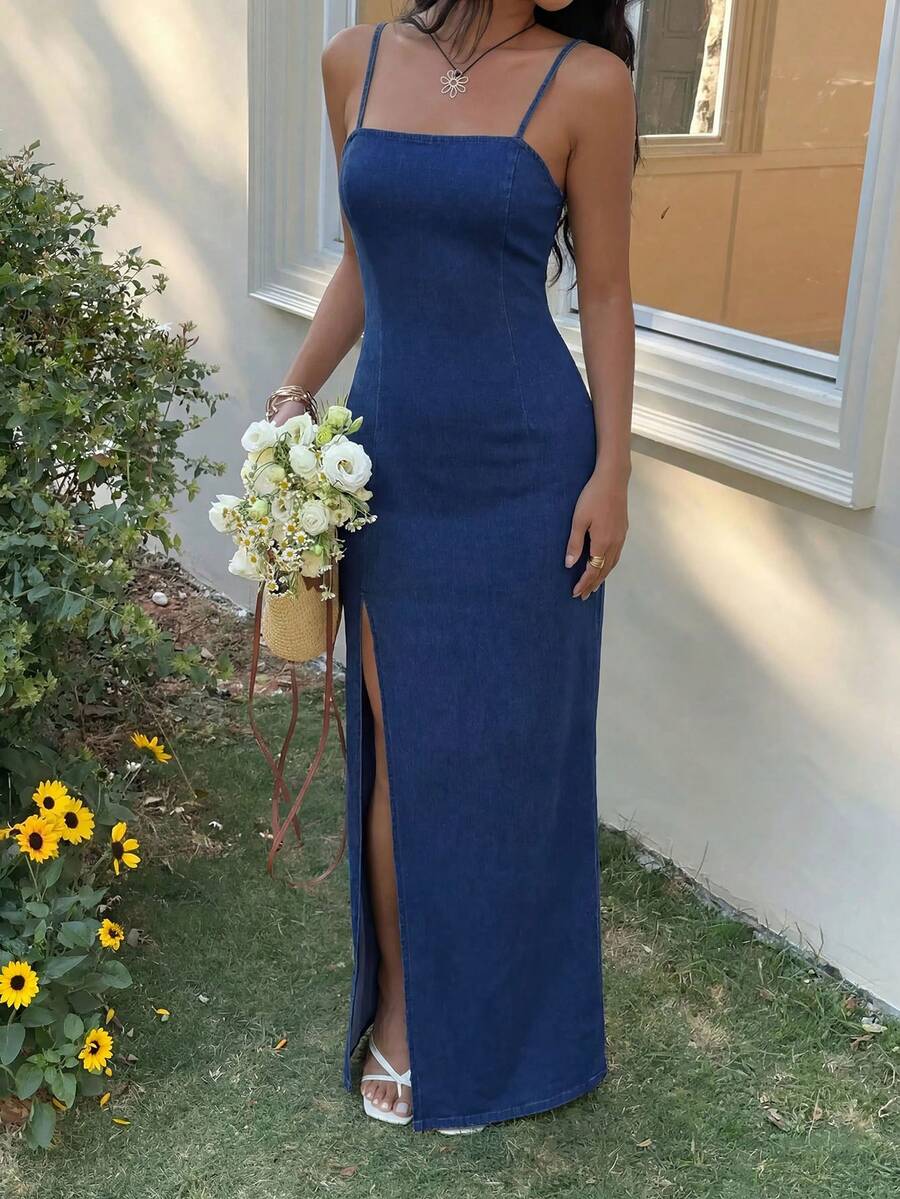 SHEIN Tall 女款高身長開衩細肩帶牛仔貼身洋裝,休閒日常與夏季派對洋裝 - 深色水洗藍 - 查看 1