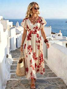 SHEIN Holidaya Spring Off-White Floral Midi Dress With V-Neck For Beer Fest Graduation Party Commuting Beach Vacation & Other Occasions Women's Casual Dress - Apricot - View 2