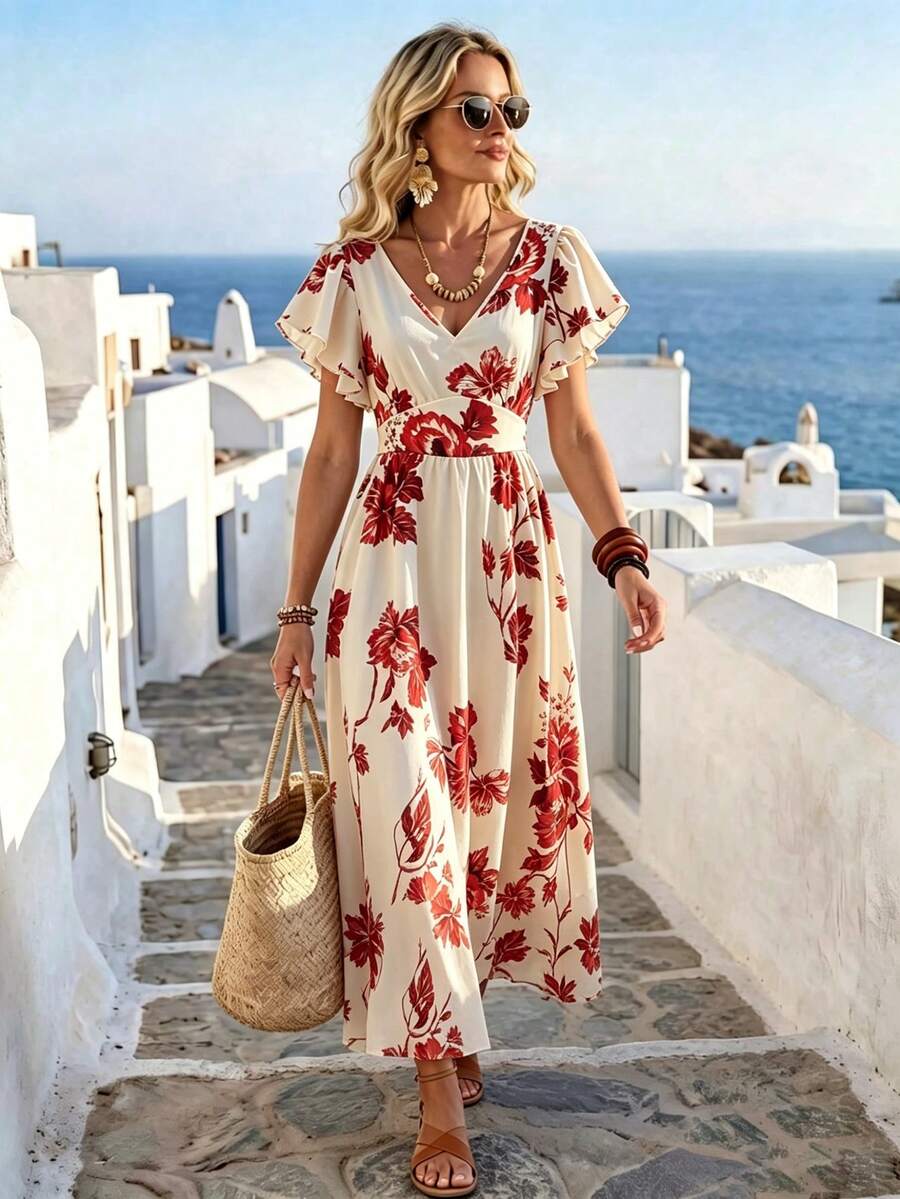 SHEIN Holidaya Spring Off-White Floral Midi Dress With V-Neck For Beer Fest Graduation Party Commuting Beach Vacation & Other Occasions Women's Casual Dress