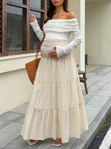 Dazy Maternity Apricot Chiffon A-Line Maternity Skirt With Gathered Waist, Versatile Casual Vacation Style For Daily Wear Summer - Apricot - View 4