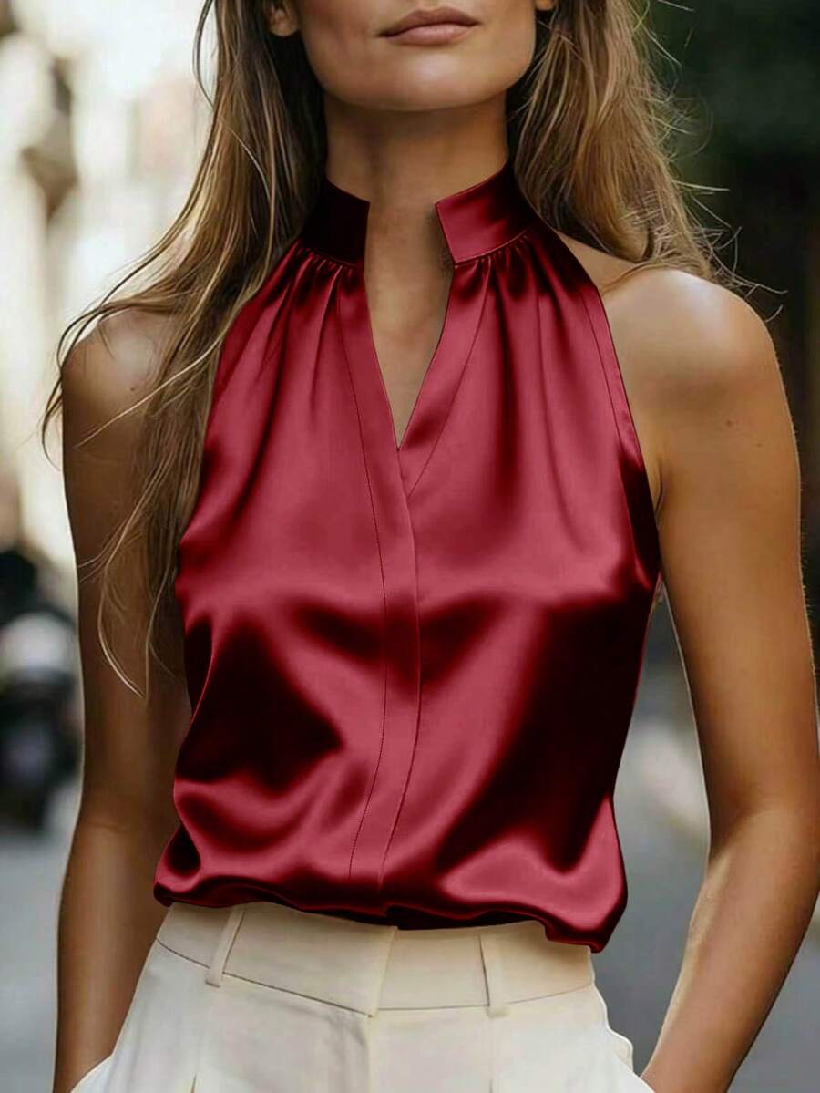 RosyDaze Women's Summer High-End Elegant Stand Collar Sleeveless Satin Commuter Top - Burgundy - View 1