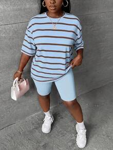 Slaydiva Women's Striped Round Neck Short Sleeve T-Shirt And Shorts Casual Two Pieces Set - Multicolor - View 4