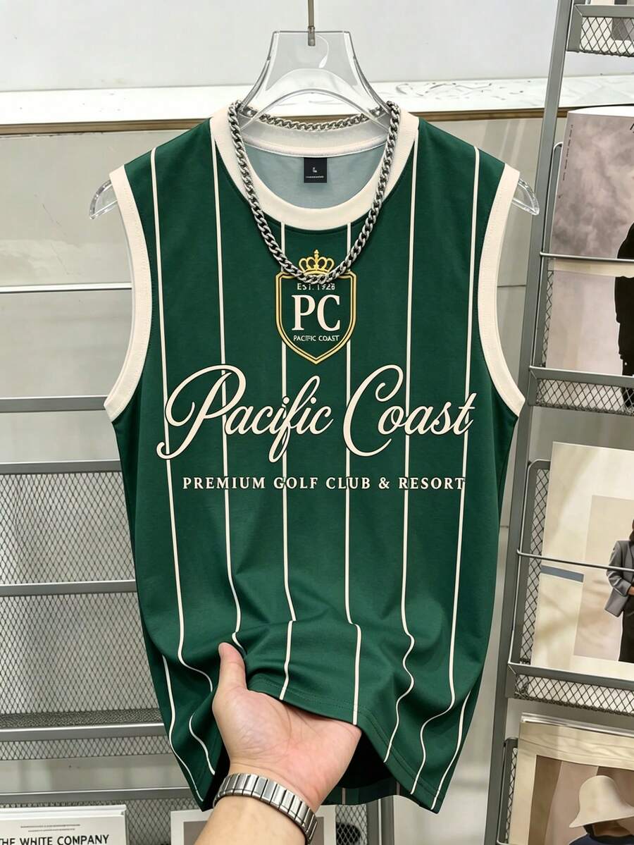 Manfinity Joysei Standard Size Men's Retro Letter Green Striped Tank Top Vest - Multicolor - View 1