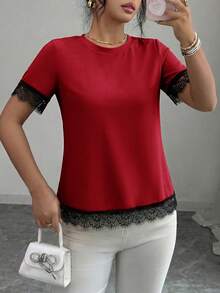 Elenzga 女款春夏 A 字拼接浪漫性感蕾絲法式休閒 T 恤，適合辦公室、夜生活、派對與日常穿著，紅黑配色 - 紅色 - 查看 5