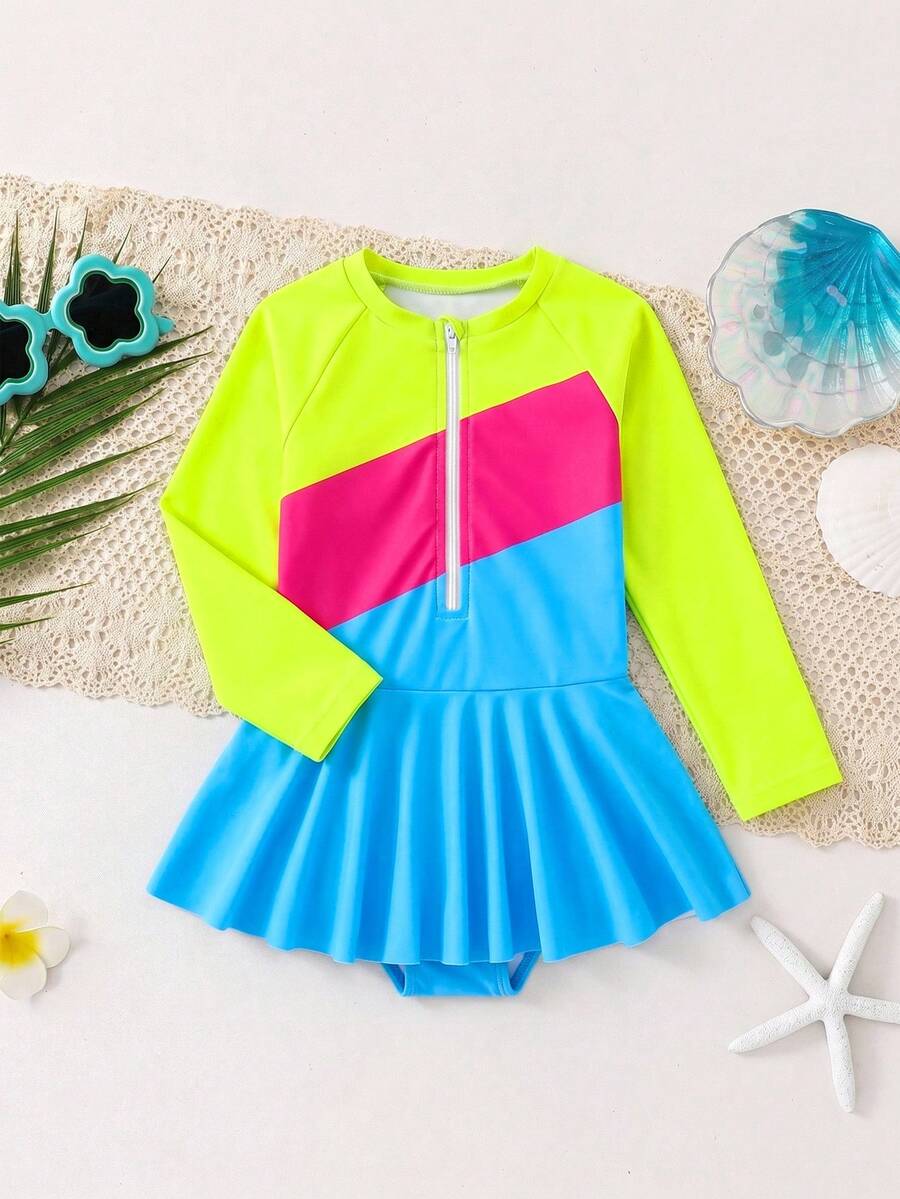 SHEIN Kids Young Girl Contrast Color Half Zip One-Piece Long Sleeve Swimsuit - Multicolor - View 1