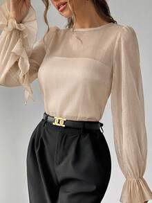 Firerie Women  Flounced Long Sleeve Sheer Blouse - Apricot - View 6