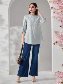 Veilorie 新款刺繡條紋休閒舒適百搭日常度假長袖襯衫 - 綠色 - 查看 3