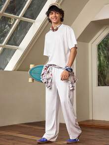Whitmere Men's Round Neck Mid-Sleeve T-Shirt And Drawstring Waist Wide Leg Pants Casual Daily Suit - Light Grey - View 1