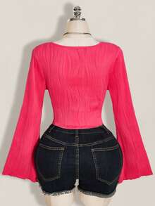 SHEIN ICON Women's Plus Size Textured Black Front Lace-Up Top Fall - Hot Pink - View 2