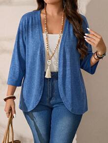 SHEIN PETITE CURVE Chaqueta casual versátil de unicolor para vacaciones en talla grande - Azul - Ver 5