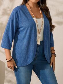 SHEIN PETITE CURVE Chaqueta casual versátil de unicolor para vacaciones en talla grande - Azul - Ver 6
