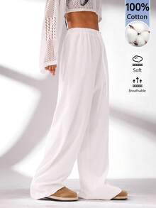 SHEIN BASICS 女款休閒百搭素色寬腿長褲 - 白色 - 查看 4