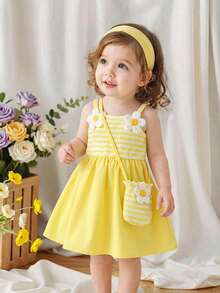 SHEIN Playful Pals Baby Girls Summer Orange & White Sweet Fresh Floral Decor Camisole Dress With Matching Small Crossbody Bag, Loose Skirt Fit, Suitable For Daily Outings, Casual Trips, Family Gatherings, Summer Picnics - Yellow - View 5