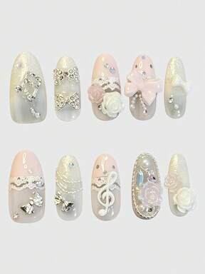 ROMWE Kawaii Cute Lace Edged Romantic Heart Ballerina Style Bow White Wings Metal Music Note Pink Series Handmade False Nail Tips,Mass Produced Energetic Girl Wear
