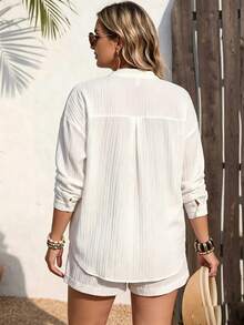 Vaclyn Plus Size Women's Notch V-Neck Knight Print Long Sleeve Top And Shorts Casual Everyday Set Vacation White Autumn Beach - White - View 2