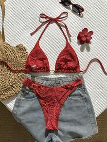 Swim Vcay 2026 Spring/Summer Women's Sexy Bikini, Red Triangle Cup Halter Neck, Drawstring Ruched Design With Gold Oval Decor, High Cut, Suitable For Beach, Seaside And Pool - Red - View 2