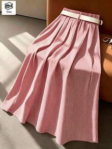Franclia Women's Linen Striped Casual & Office Belt Medium Length Flare Pleated Midi Skirt, Summer / Spring - Multicolor - View 2