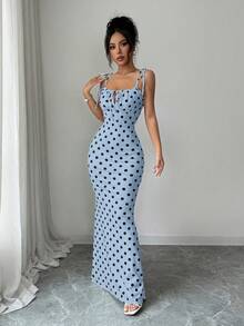 SHEIN Raffinéa 女款優雅浪漫1950年代復古藍色波點印花細肩帶長洋裝，適合夏季度假與度假派對 - 藍色 - 查看 6