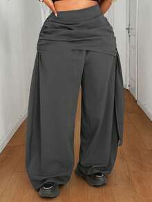 Maweii Plus Size Women's Solid Color Pleated Wide Leg Loose Casual Long Pants For Vacation Fall - Grey - View 4