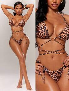 Radiana Women's Summer Sexy Chic Leopard Print Bikini Set, Tie Bikini Top And Bottoms 2 Pieces Set, Swimwear Set, Beach Vacationwear, Holiday, Night, Brown - Multicolor - View 8