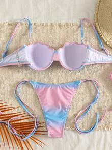 Swim Mod Summer Spring New Cross-Border Ins Style Sexy Triangle Tie Bikini Mermaid Shell Bikini Set For Women, Neon Pink And Blue Gradient Two Pieces Separates With Pearl Accessories, Ocean Holiday Bikini Set, Sweet Young Girl Hot Spring Beach Vacation Bikini Swimwear, Birthday Party Holiday Beach Bikini - Multicolor - View 2