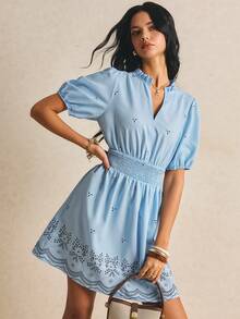 Poéselle Light Blue Floral Elegant Ditsy Floral Notched Neck Puff Sleeve Dress For Women, Summer Vacation - Blue - View 8