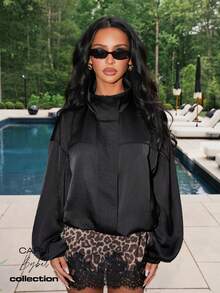 MISSGUIDED X Carli Bybel Oversized Satin Bomber Jacket With Stand Collar Half-Zip Closure And Balloon Sleeves For Fall Winter - Black - View 1