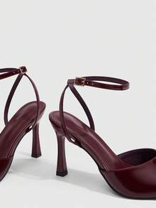 CUCCOO SZL Ladies 9CM Pointed Open-Toed Kitten Heel Crossed Ankle Strap Sexy Versatile Burgundy Elegant Stilettos Suitable For Daily Commuting/Beach/Party - Burgundy - View 3