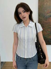 DAZY Solid Color Turn-Down Collar Slim Fit Short Sleeve White Women's Shirt - Blue - View 5