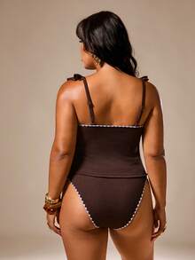 Auralis Damen-Tankini-Badeanzug-Set in Plus Size für Strand, Cocktail und Urlaub, mit Bindung vorne und Raffung, elegant, dezent und sexy, Sommer, Braun - Braun - Übersicht 3