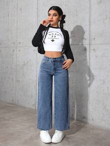 SHEIN PETITE 女款高腰口袋直筒寬鬆休閒百搭牛仔褲，適合嬌小女性 - 深色水洗藍 - 查看 4