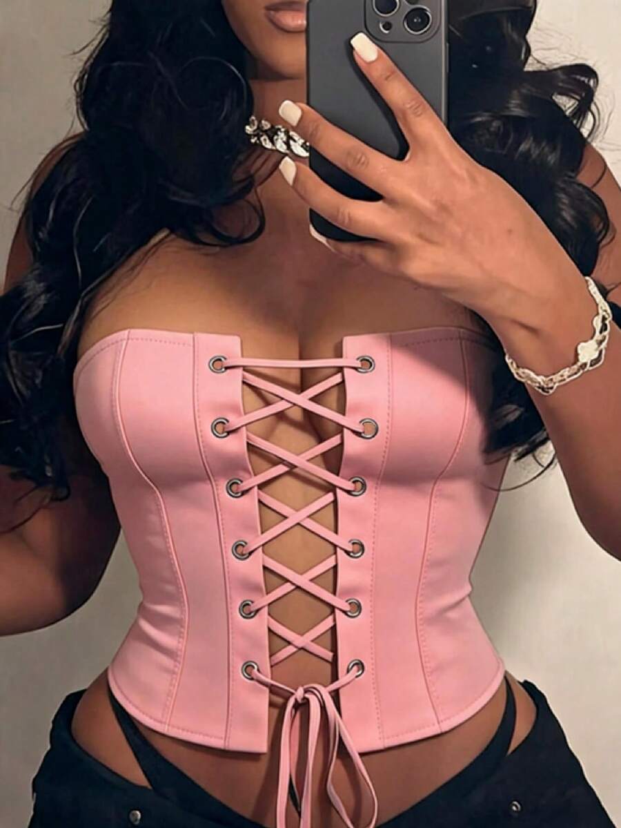 Rovax 女款辣妹無肩帶細肩帶時尚休閒抹胸上衣 - 粉色 - 查看 1