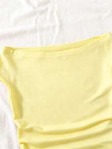 SHEIN Simple Off-Shoulder T-Shirts For Older Girls In Spring And Summer, Slim-Fit Sleeveless Tops For Summ - Yellow - View 3