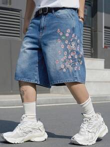 Manfinity EMRG 男士街頭風休閒刺繡藍色牛仔短褲 - 中等水洗藍 - 查看 6