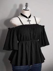SHEIN ICON 大尺碼夏季休閒素色露肩細肩帶上衣 - 黑色 - 查看 6