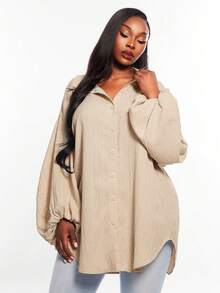 Radiana Curve Plus Size Women's Solid Color Dropped Shoulder Long Sleeve Single Breasted Casual Smart Casual Shirt Holiday Khaki Autumn Fall Gym Vacation Brunch - Khaki - View 3