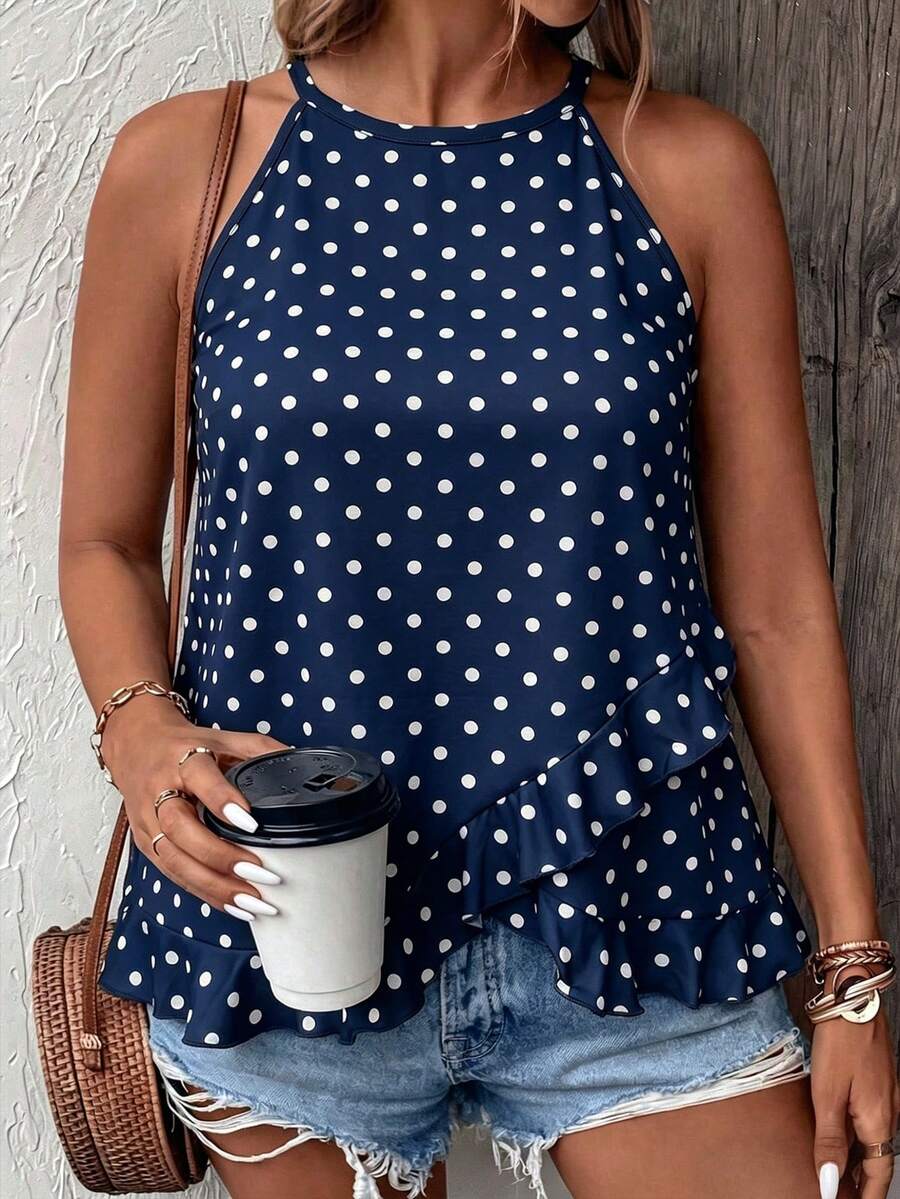 EMERY ROSE New Plus Size Women's Fashion Casual Versatile Polka Dot Ruffle Vacation Tank Top - Multicolor - View 1