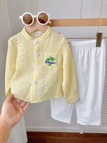 SHEIN 2件組男嬰休閒可愛條紋椰子樹刺繡長袖上衣彈性腰長褲套裝，適合生日派對、電音派對、晚宴、表演、婚禮、滿月、洗禮、1歲生日慶祝、婚禮賓客、嬰兒派對、基督洗禮服裝 - 彩色 - 查看 5