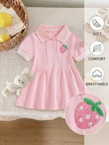 SHEIN 1件女嬰可愛粉色水果貼布對比領百褶短袖柔軟 Polo 連身裙 夏季日常派對公園春夏季洋裝 - 粉色 - 查看 3